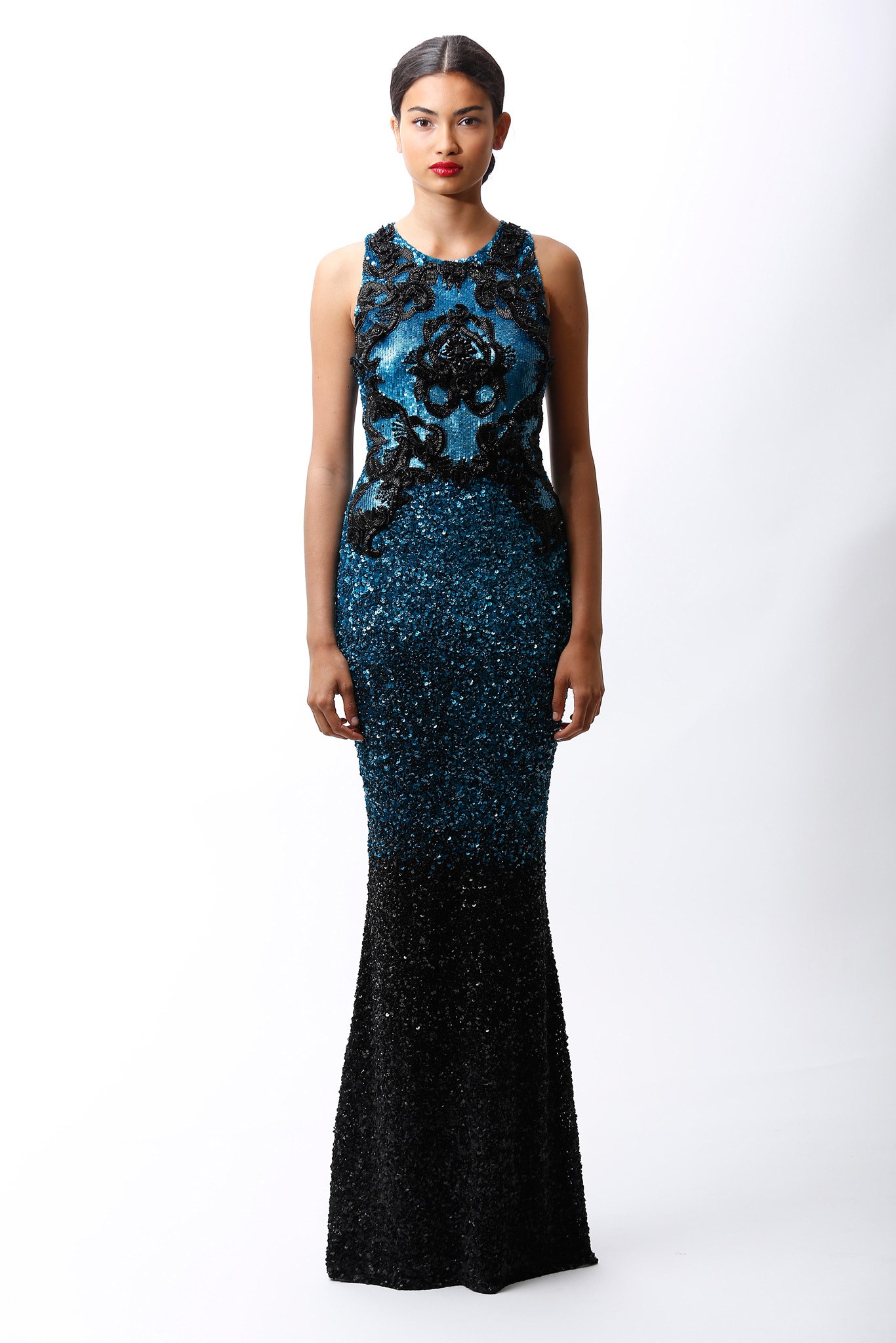 blue and black sequined gown