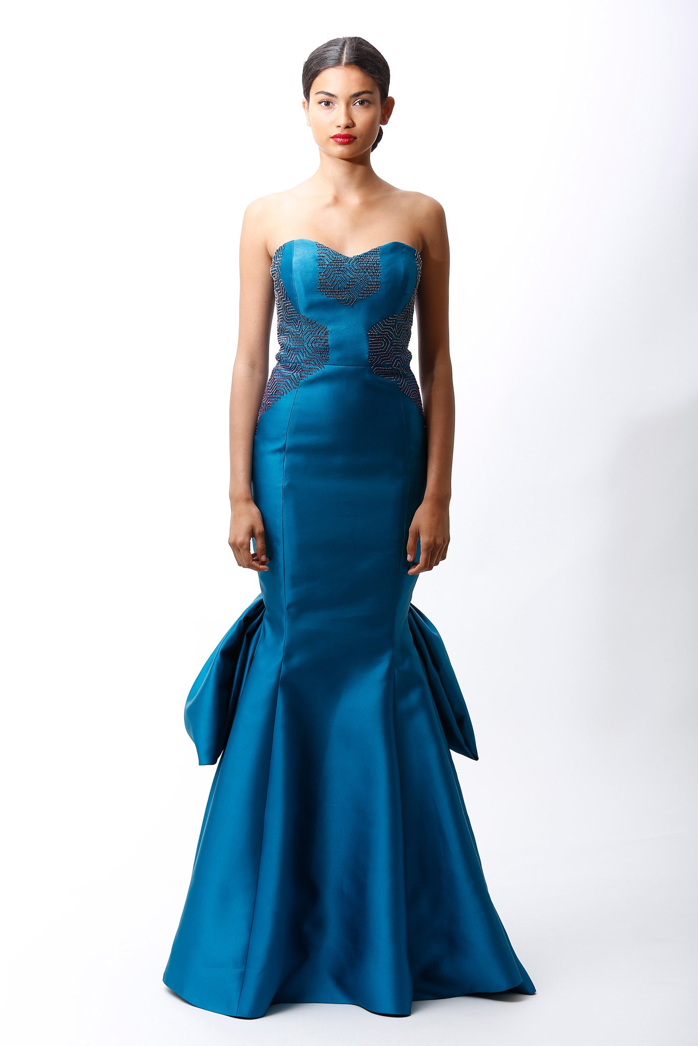 blue silk strapless gown