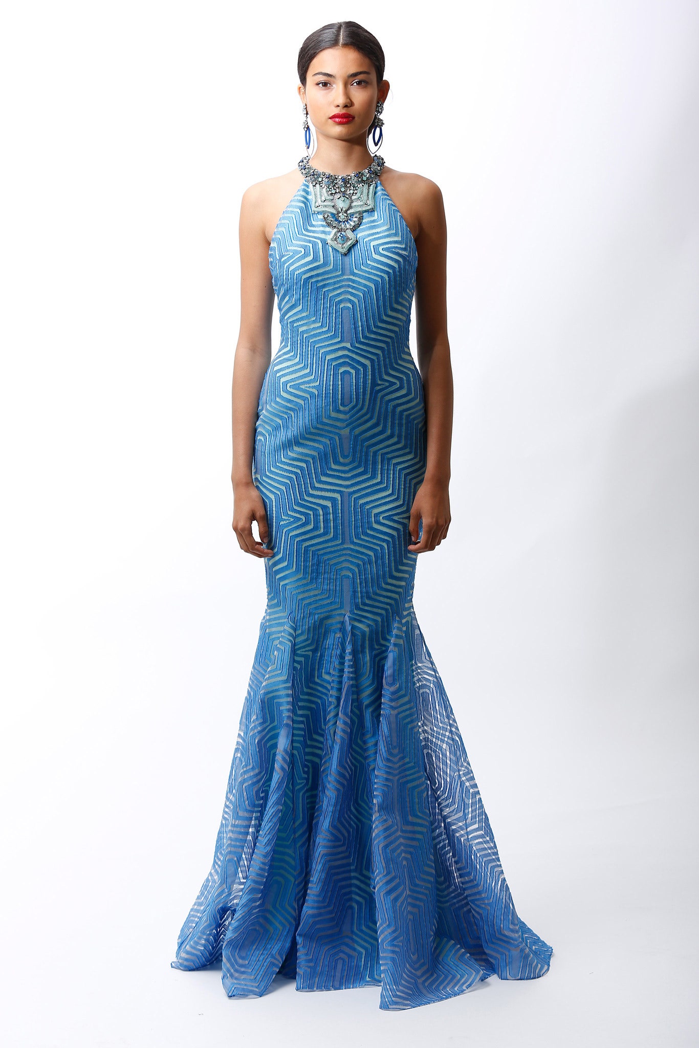 blue silk sleeveless gown