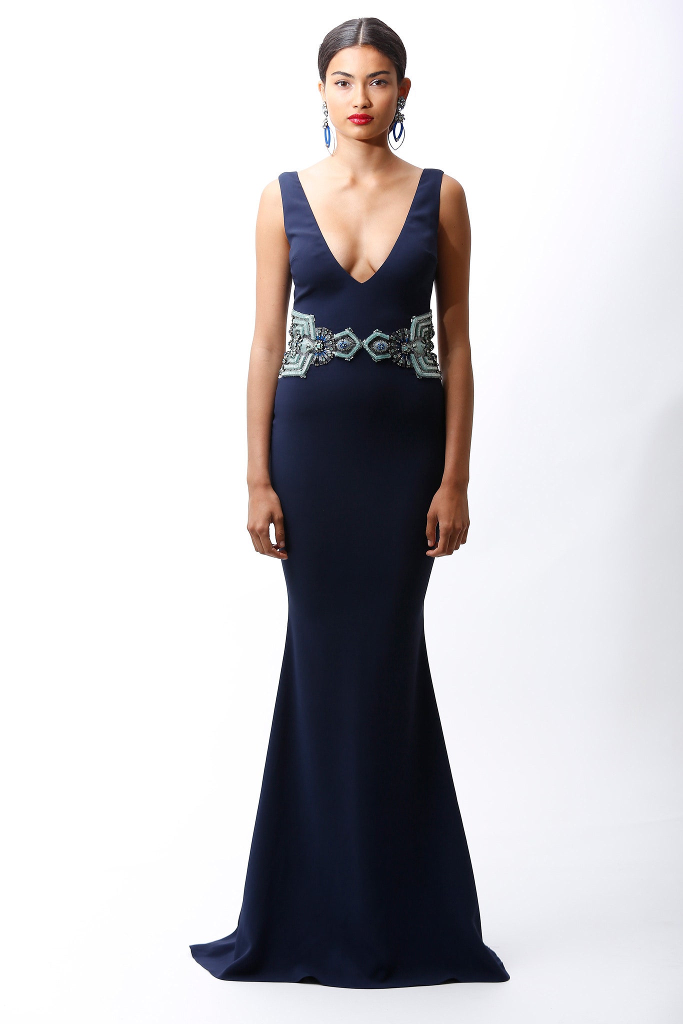 blue silk sleeveless gown