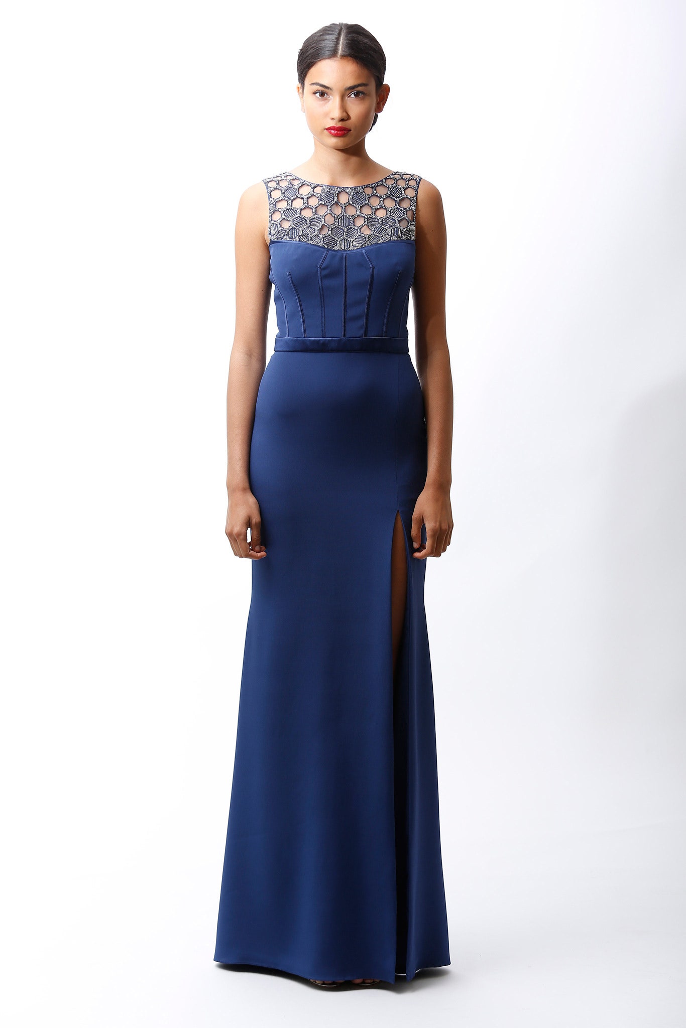 blue silk fitted gown