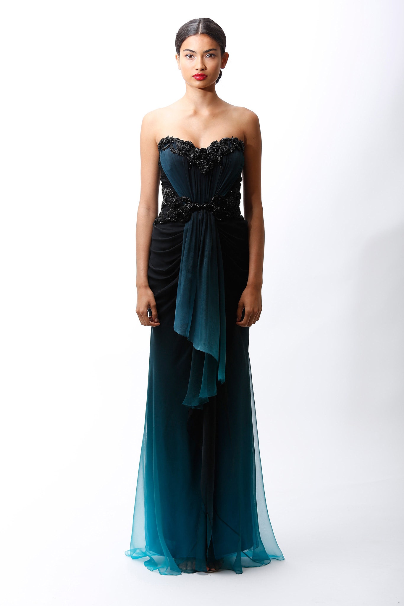 black and teal strapless gown