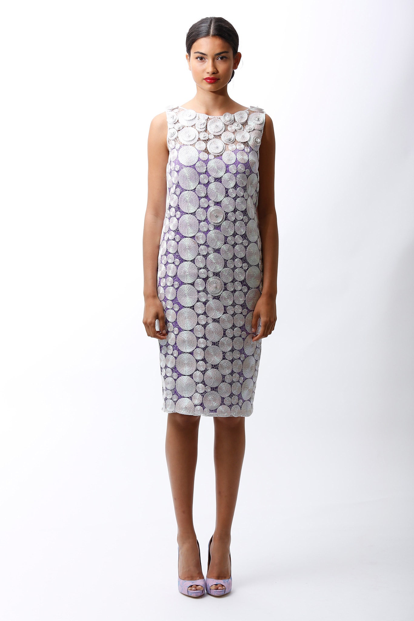 fitted purple and white embellished dress