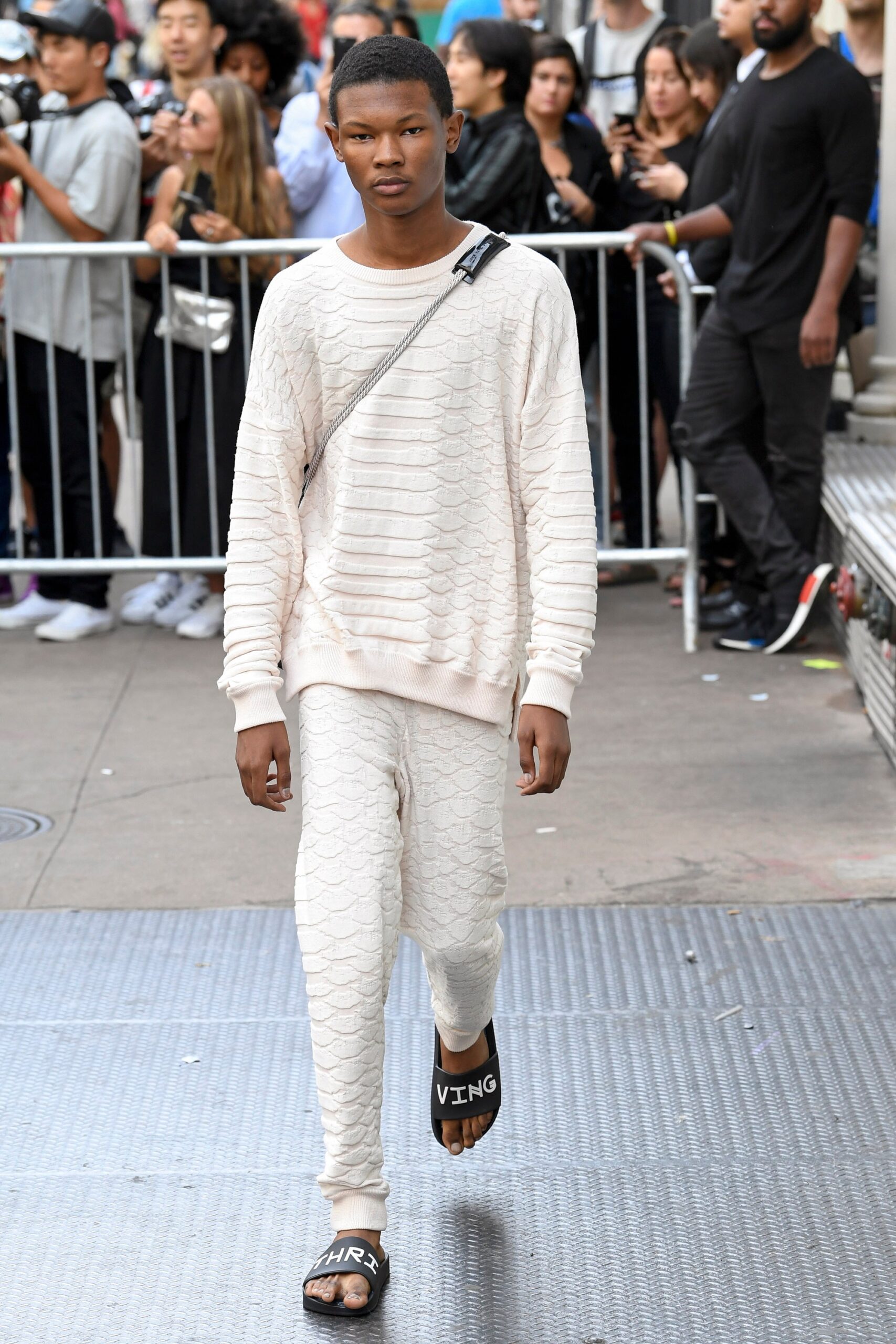 beige textured sweater and pants