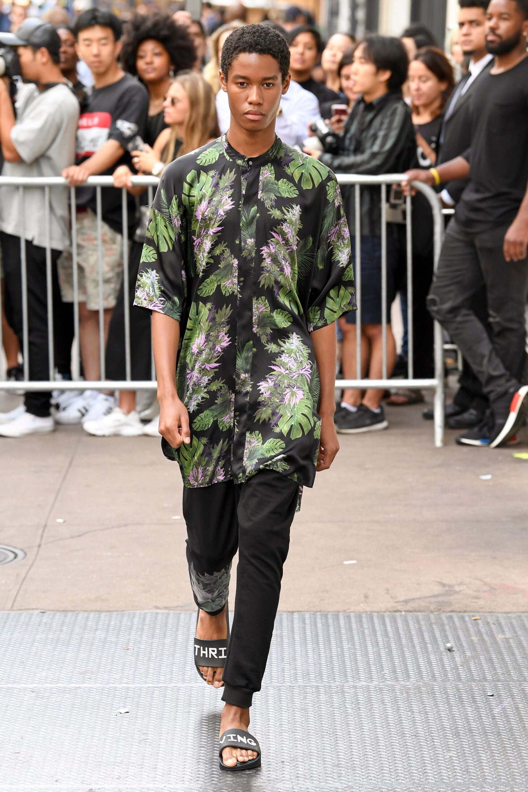 floral silk shirt with slim pants