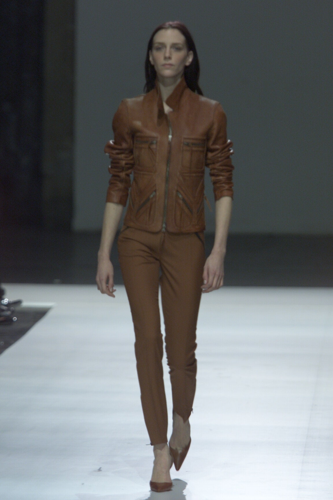 brown leather fitted jacket and pants