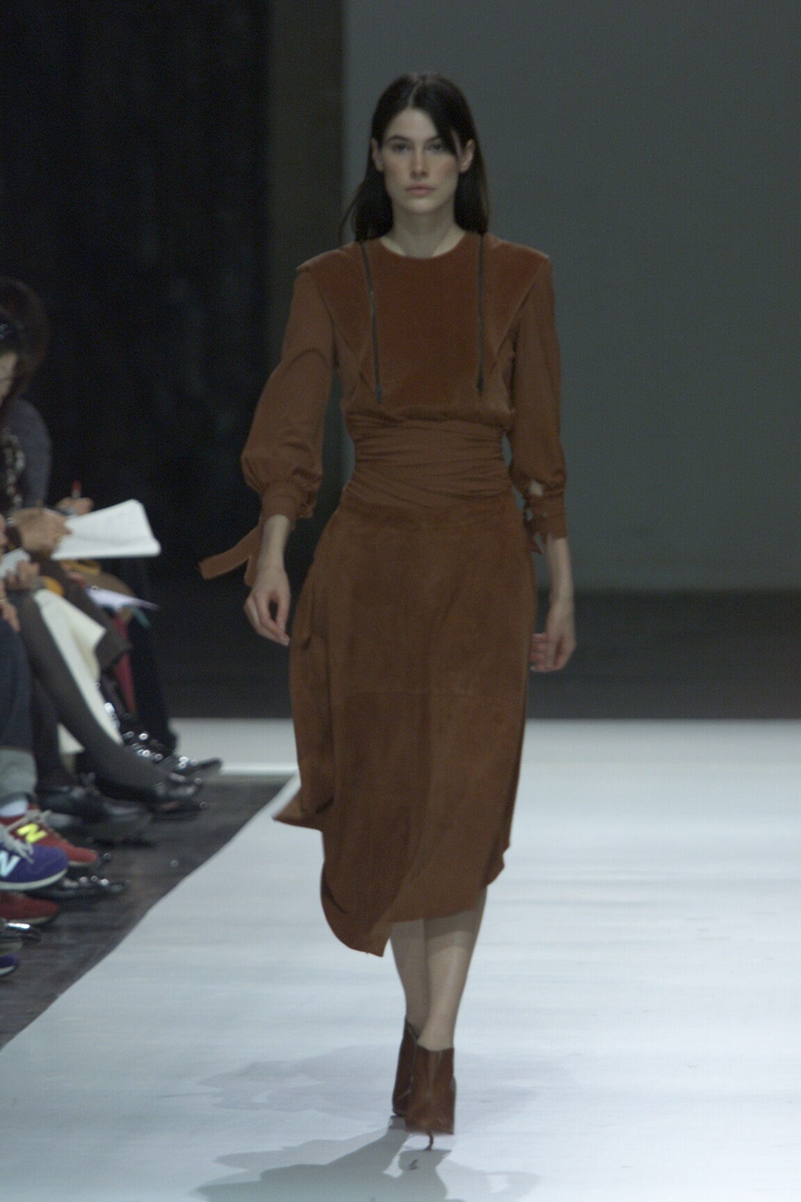 brown suede long-sleeve v-neck fitted draped midi dress
