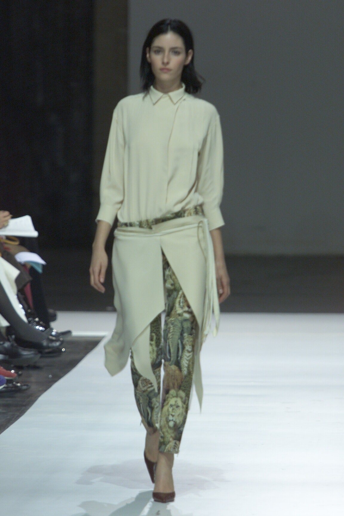 white silk blouse with printed pants