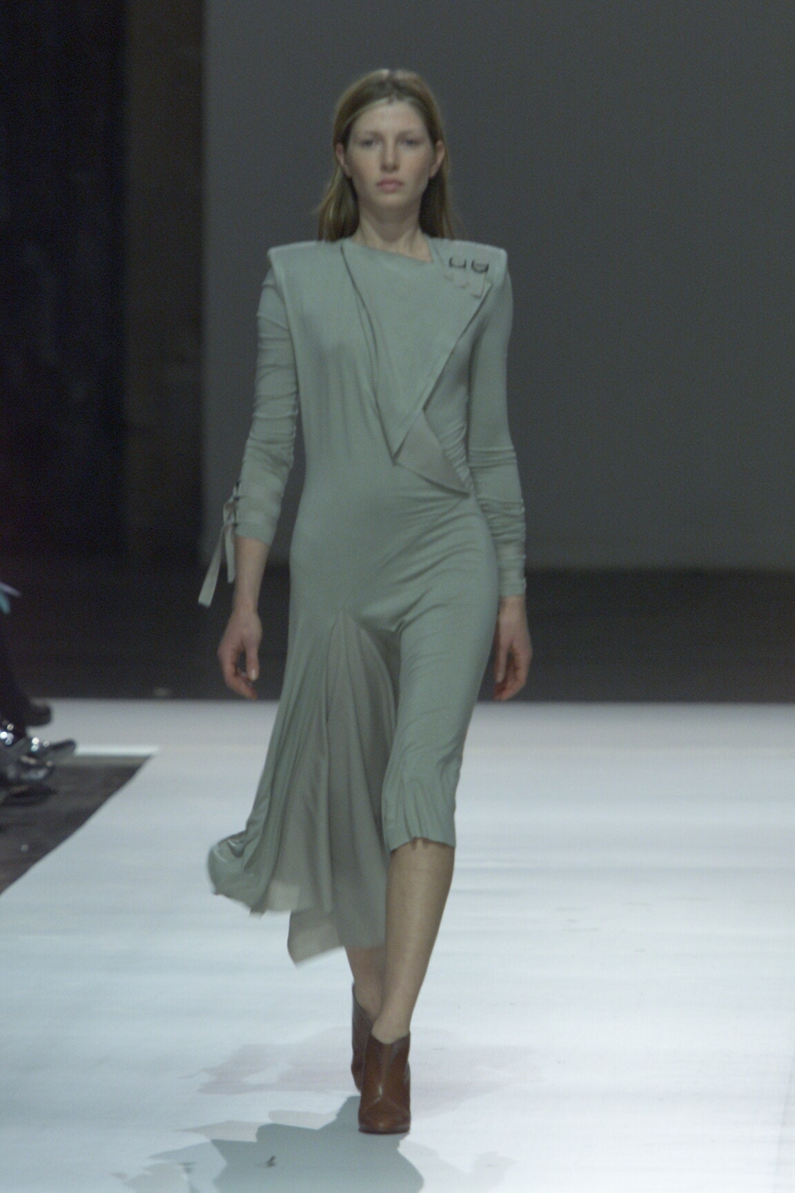 gray fitted long-sleeve dress