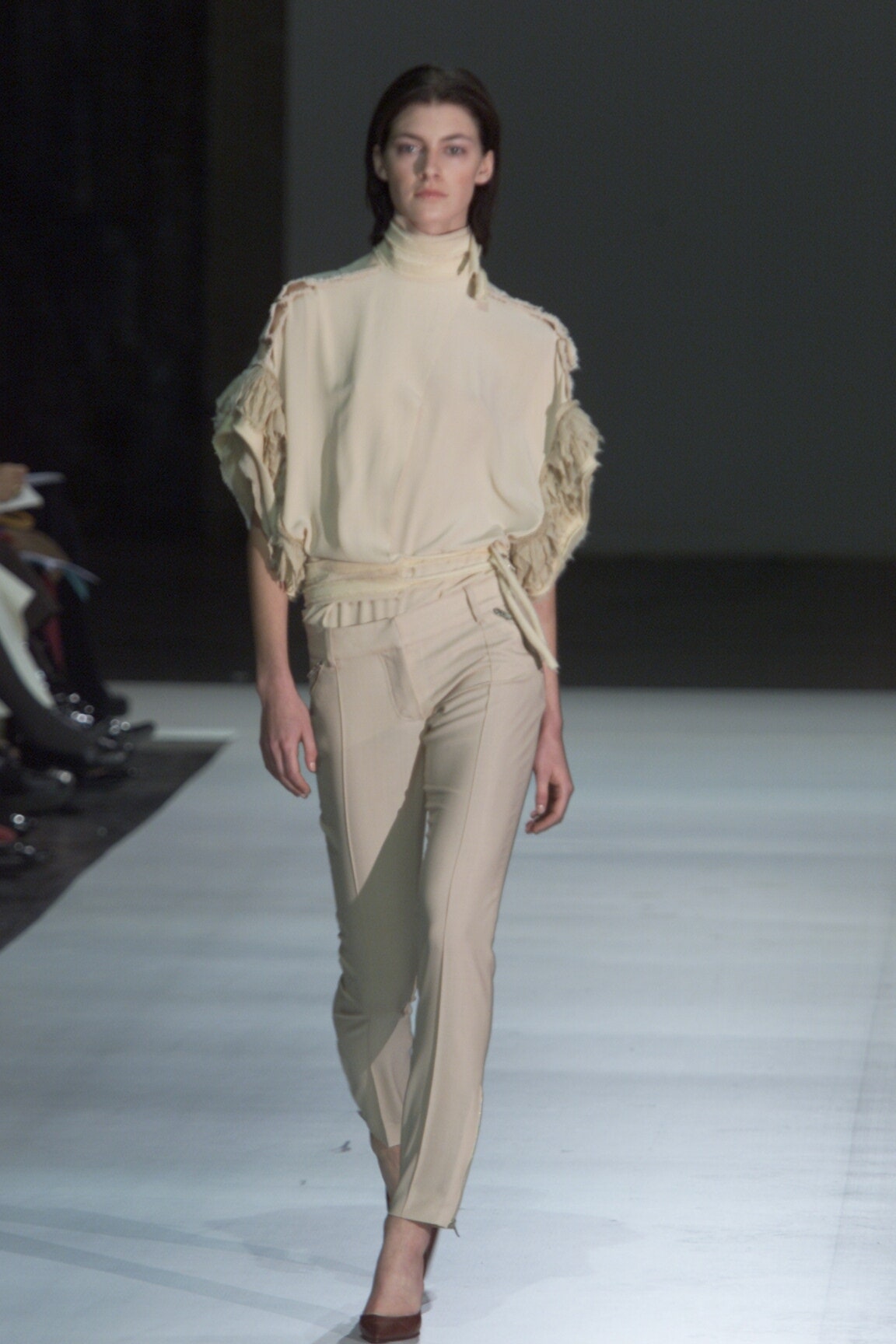 beige silk fitted top and pants