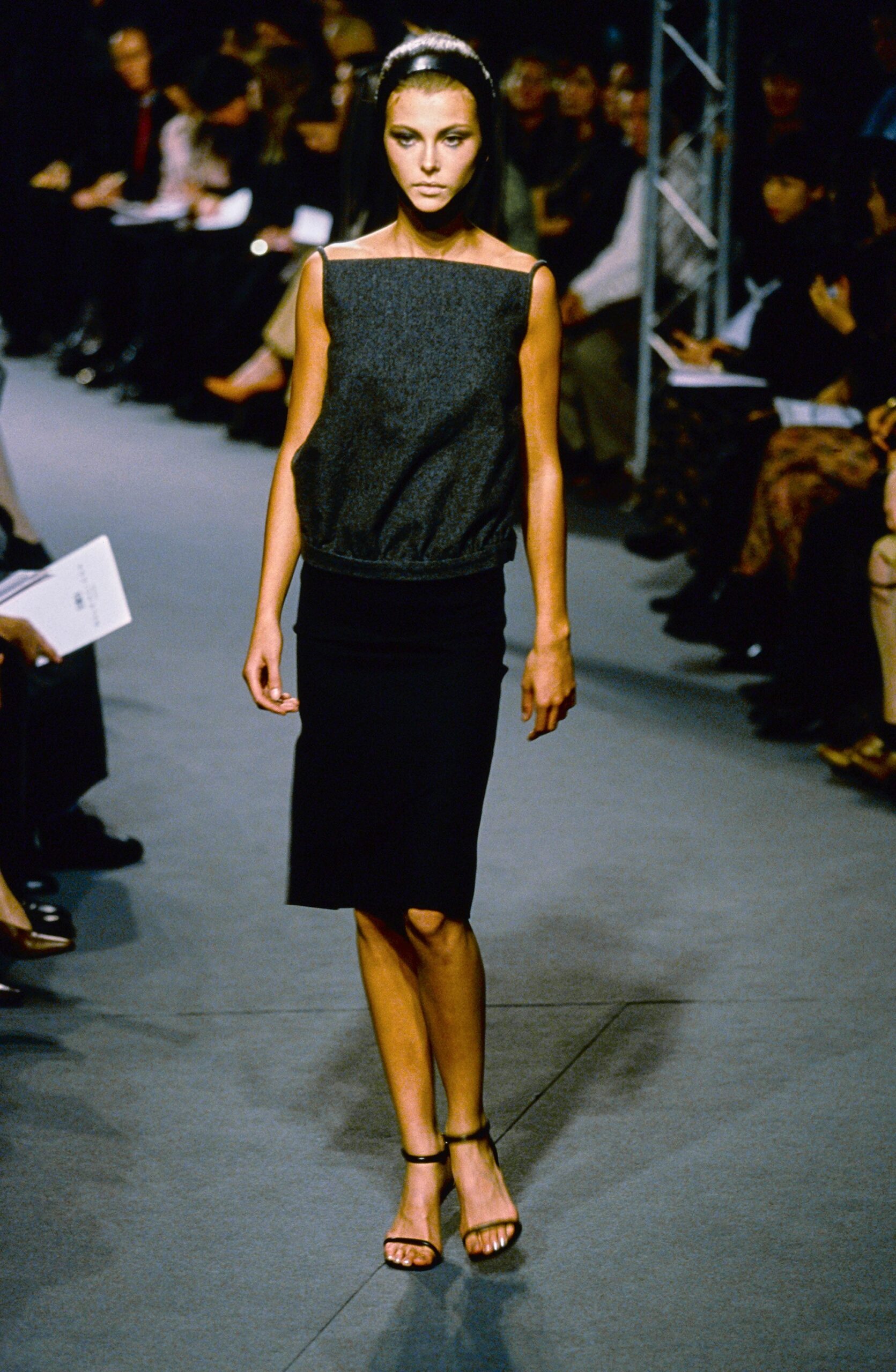 gray silk sleeveless off-shoulder fitted draped top