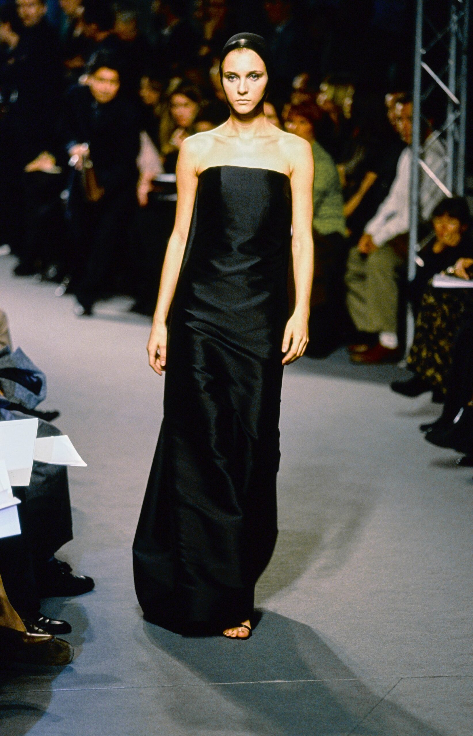 black silk strapless gown
