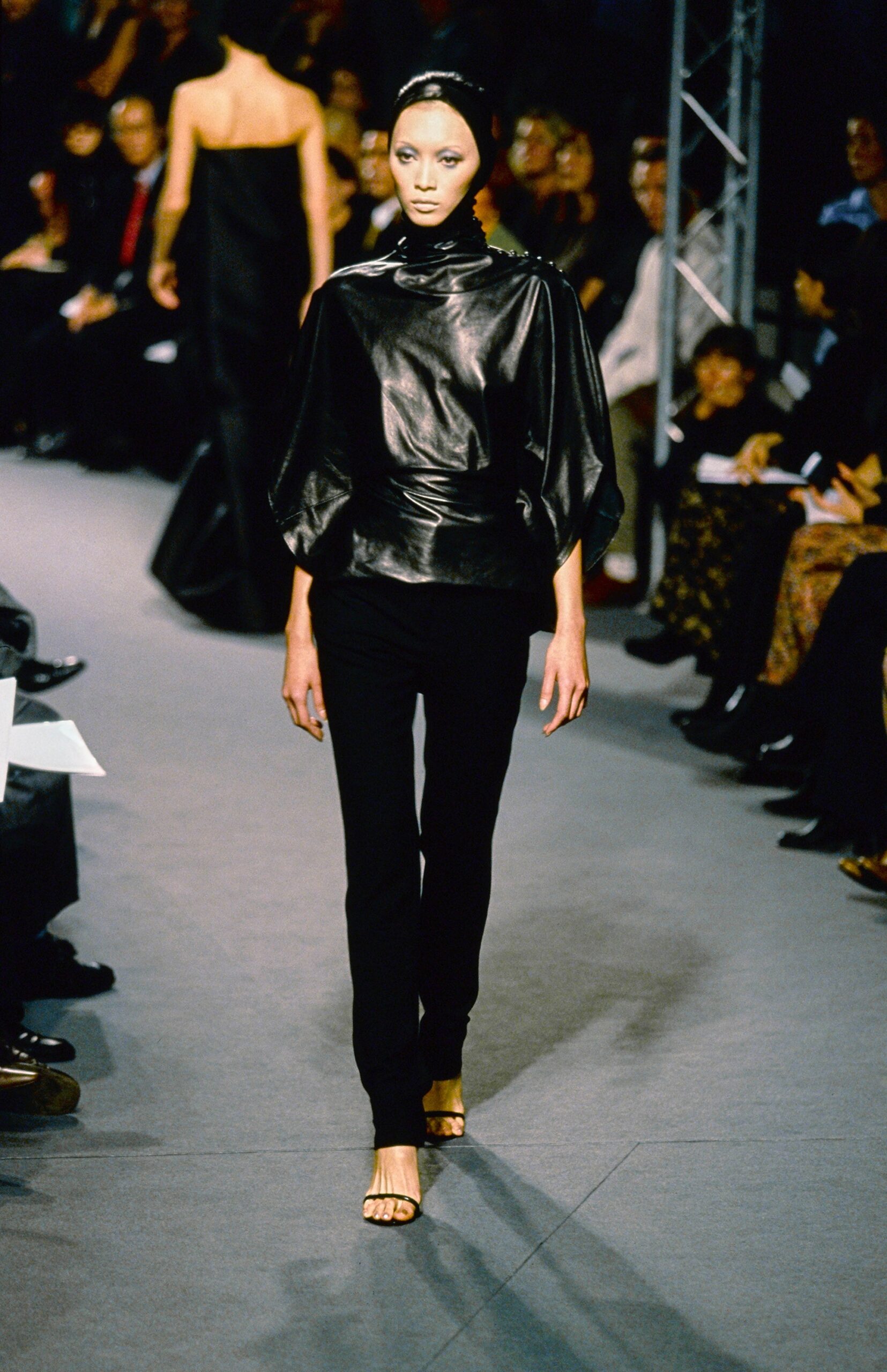 black silk top with relaxed pants