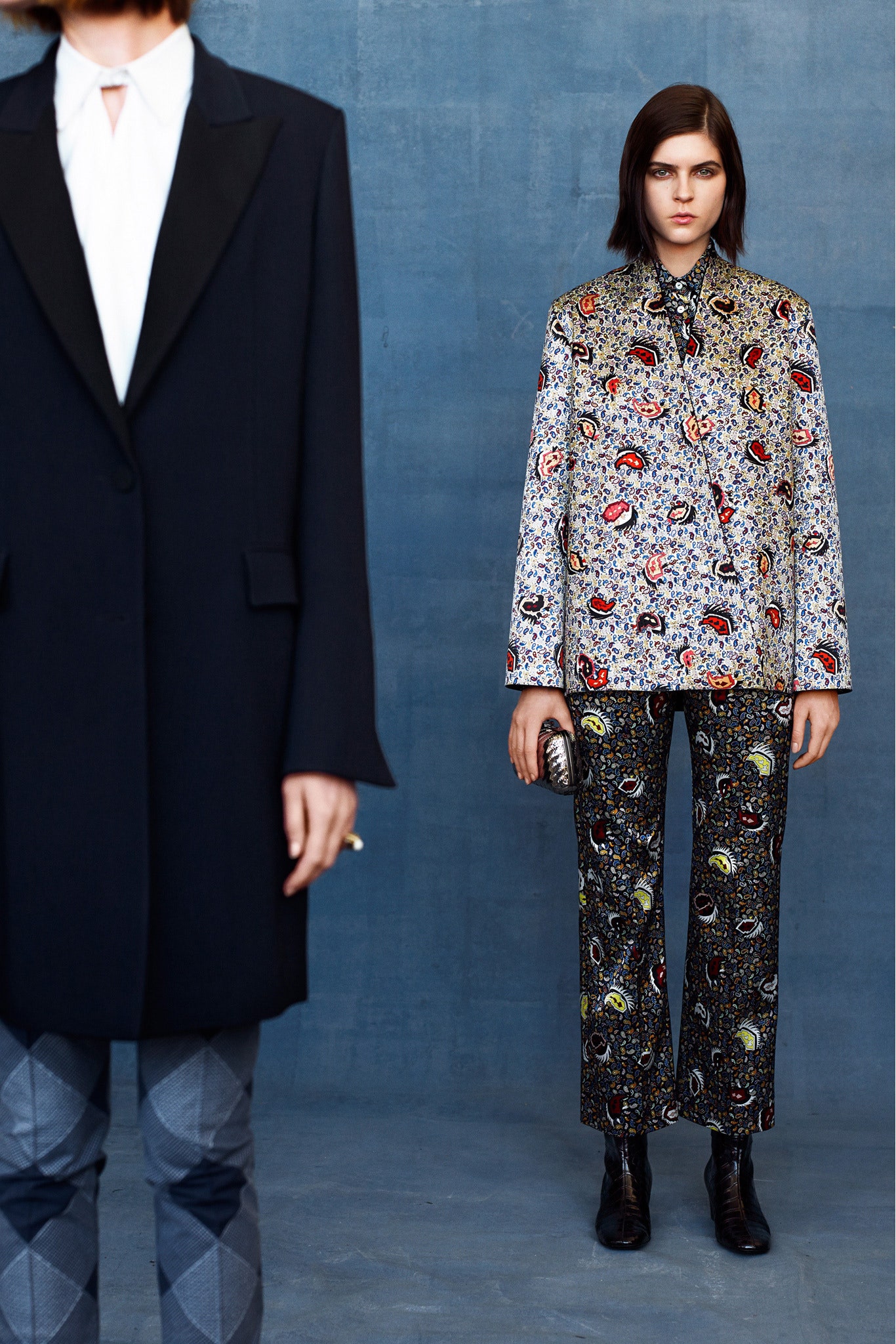 black tailored blazer and printed outfit