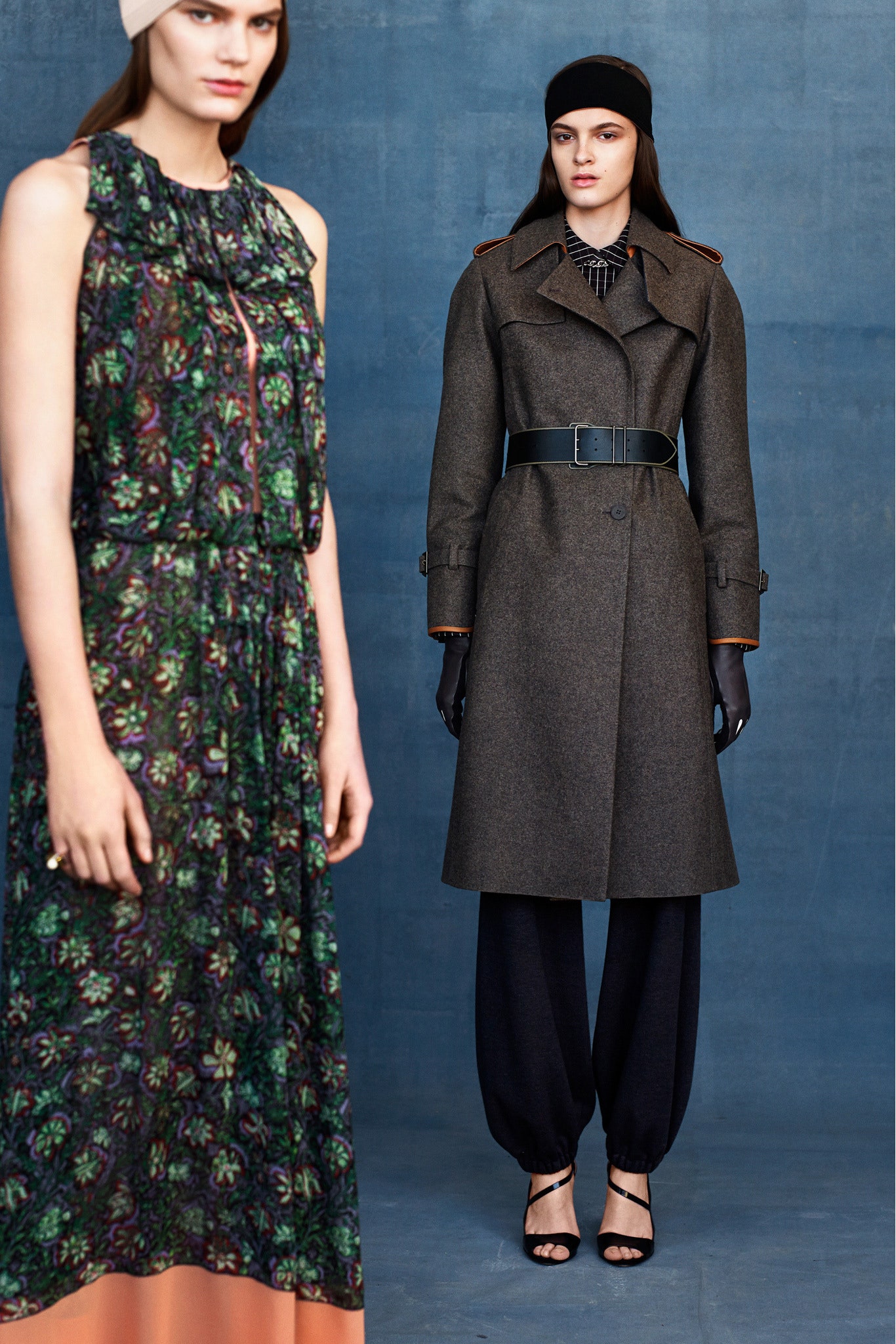 floral midi dress and tailored coat