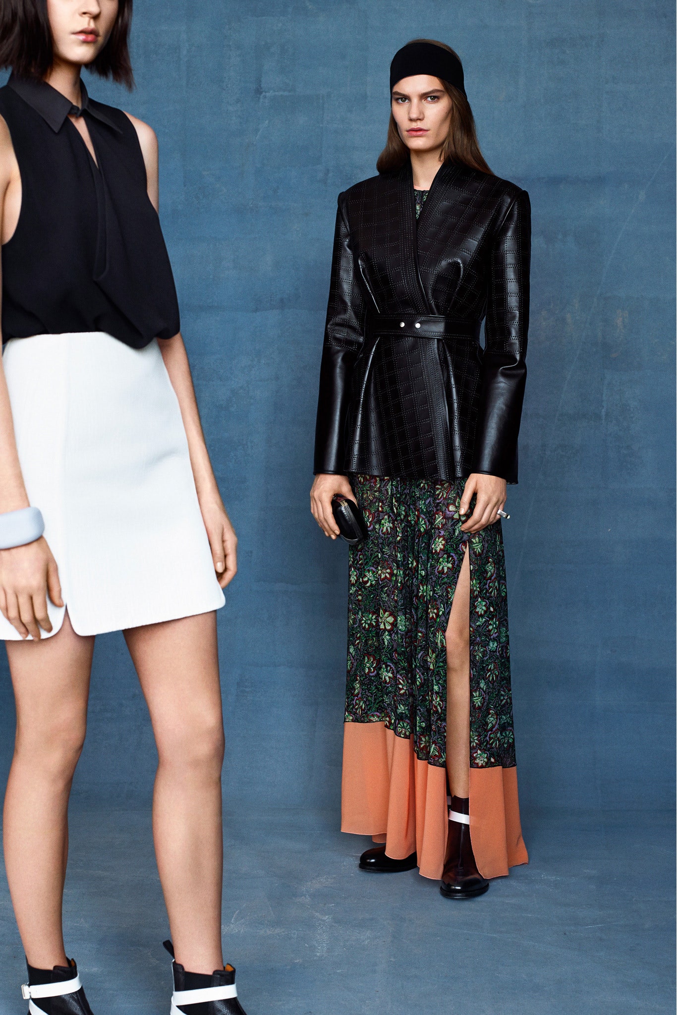 black leather blazer with floral maxi dress