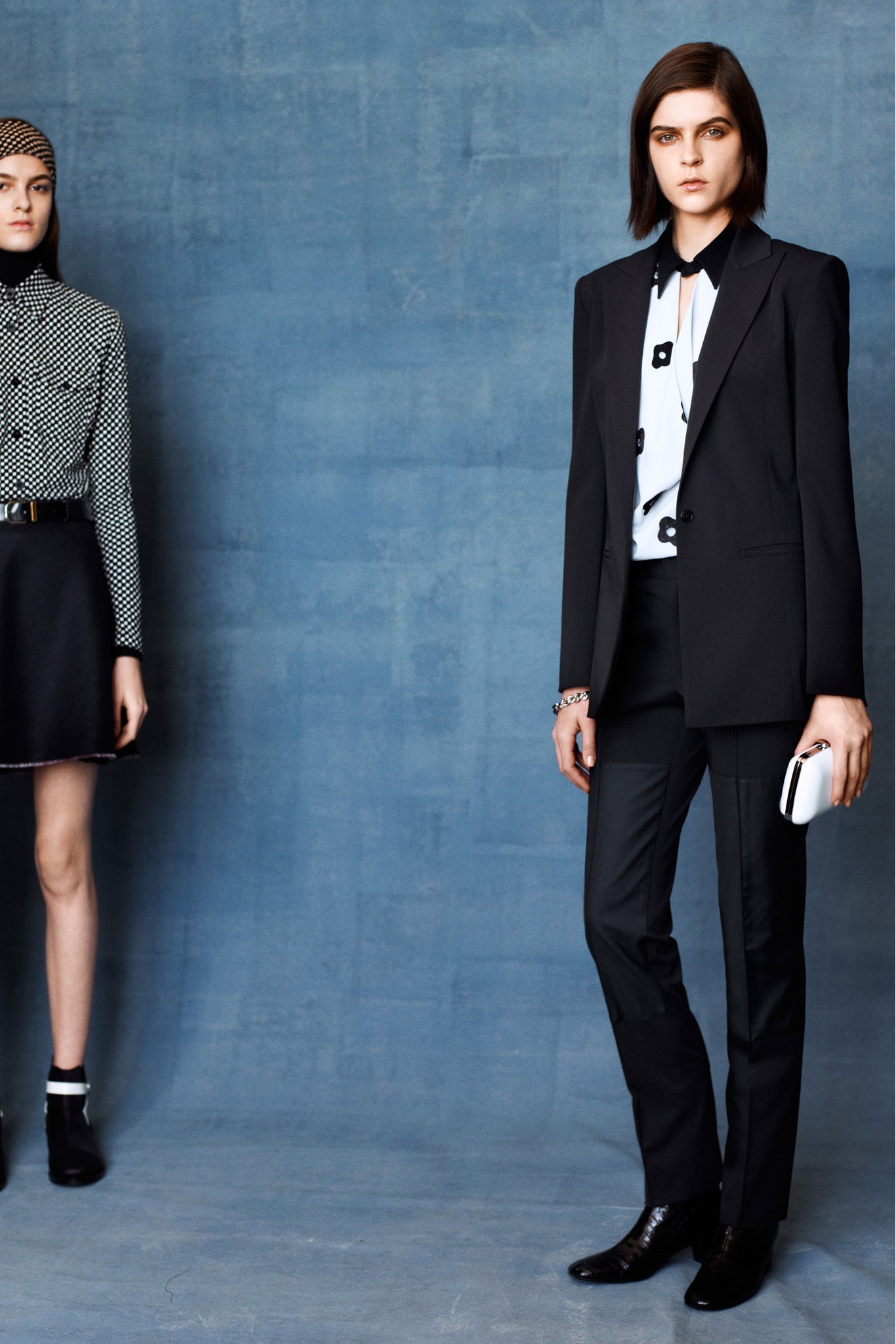 black tailored blazer and fitted shirt
