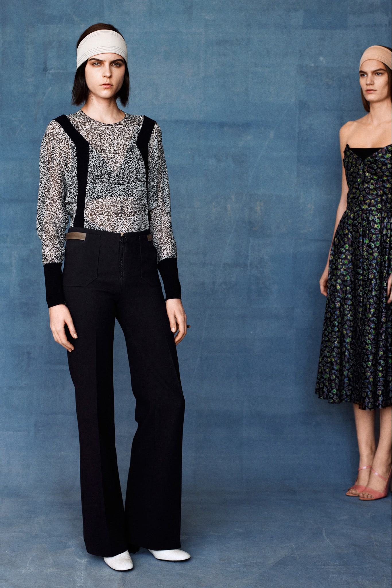 black and white printed top with tailored pants