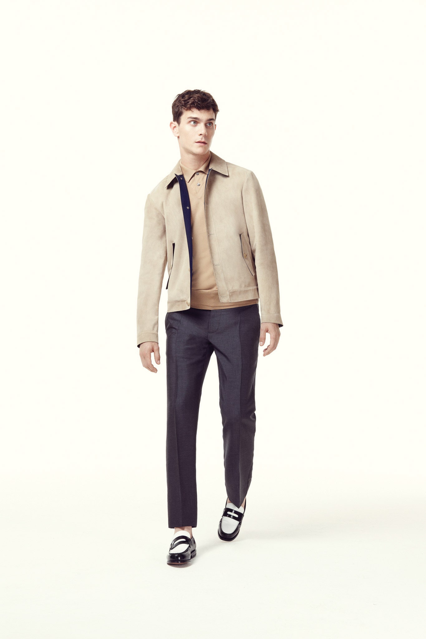 beige suede jacket with tailored pants