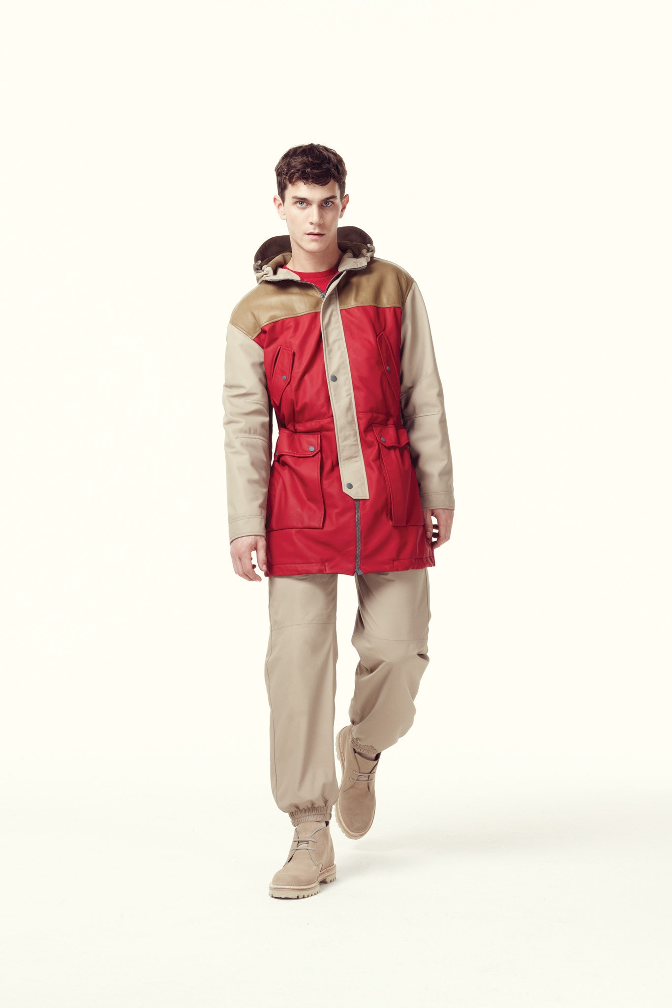 red beige hooded parka with pants