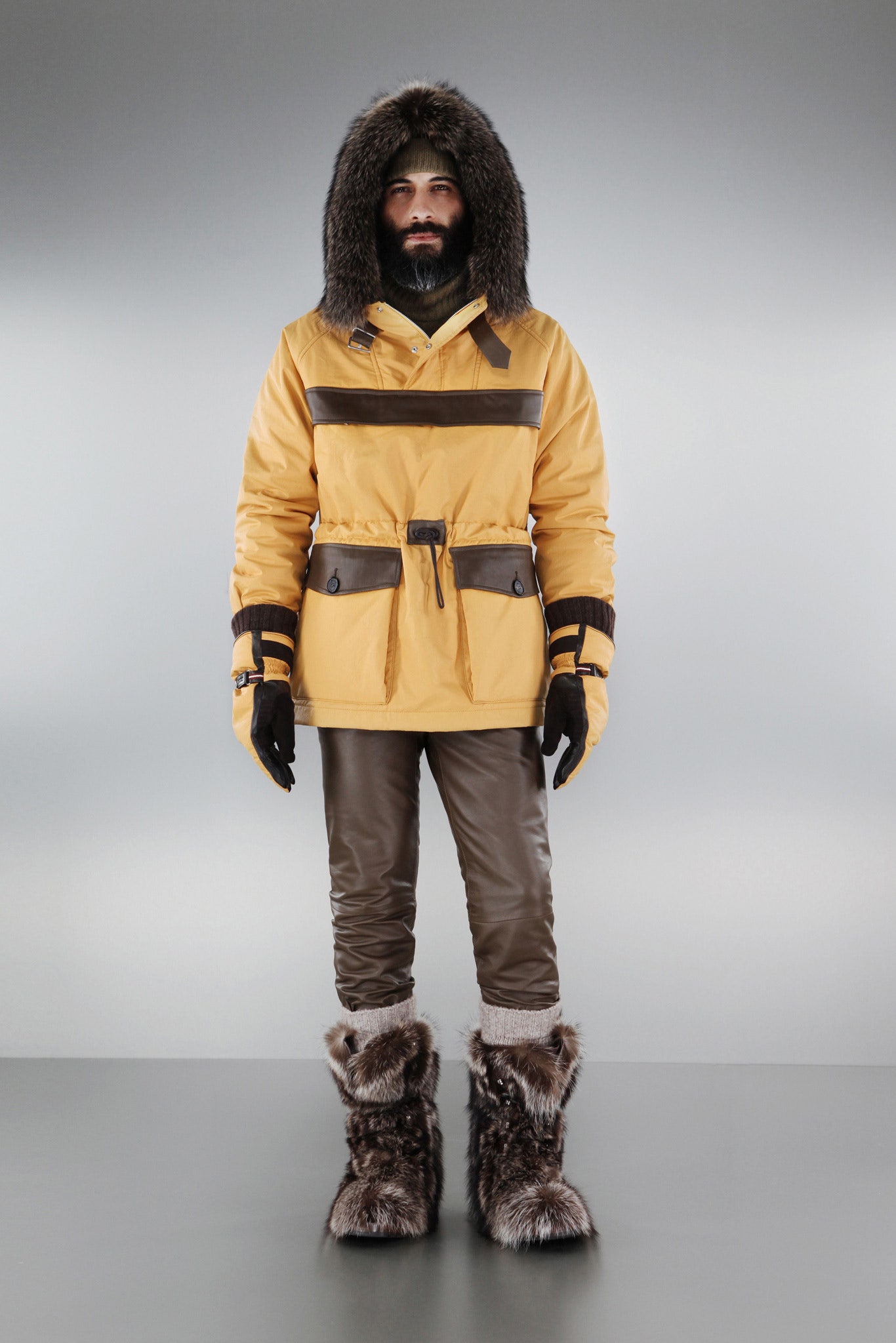 yellow faux-fur long-sleeve hooded relaxed zippered belted jacket