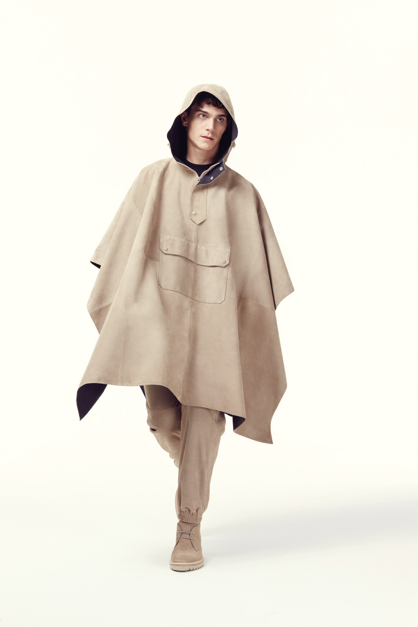 beige suede poncho with relaxed pants