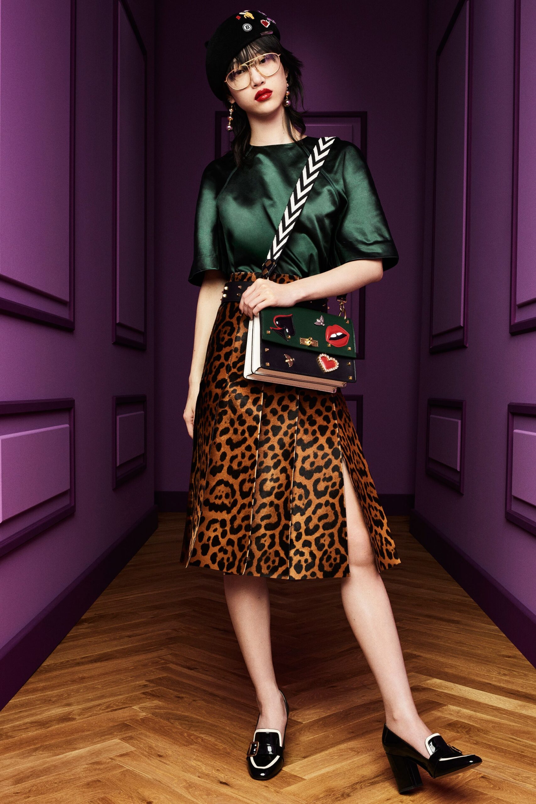 green silk top and brown leather skirt