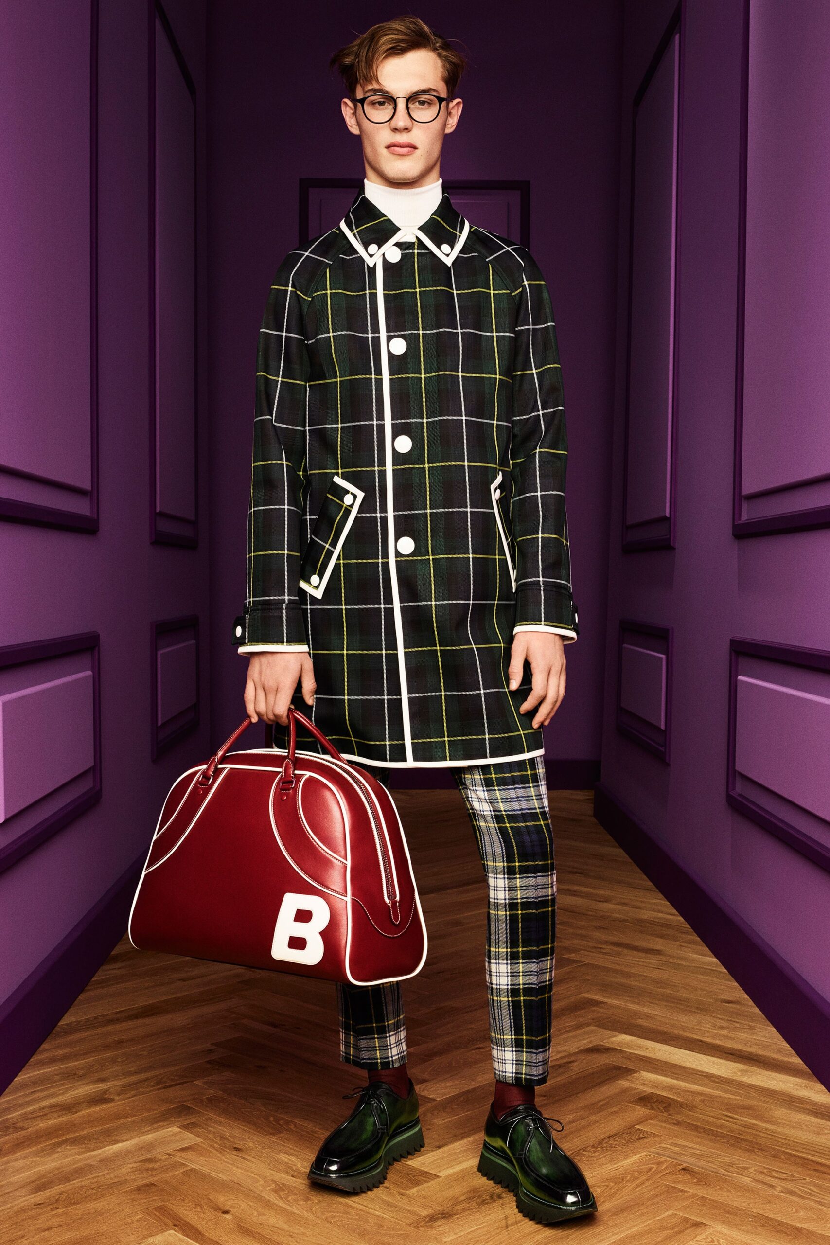 checked coat with slim pants