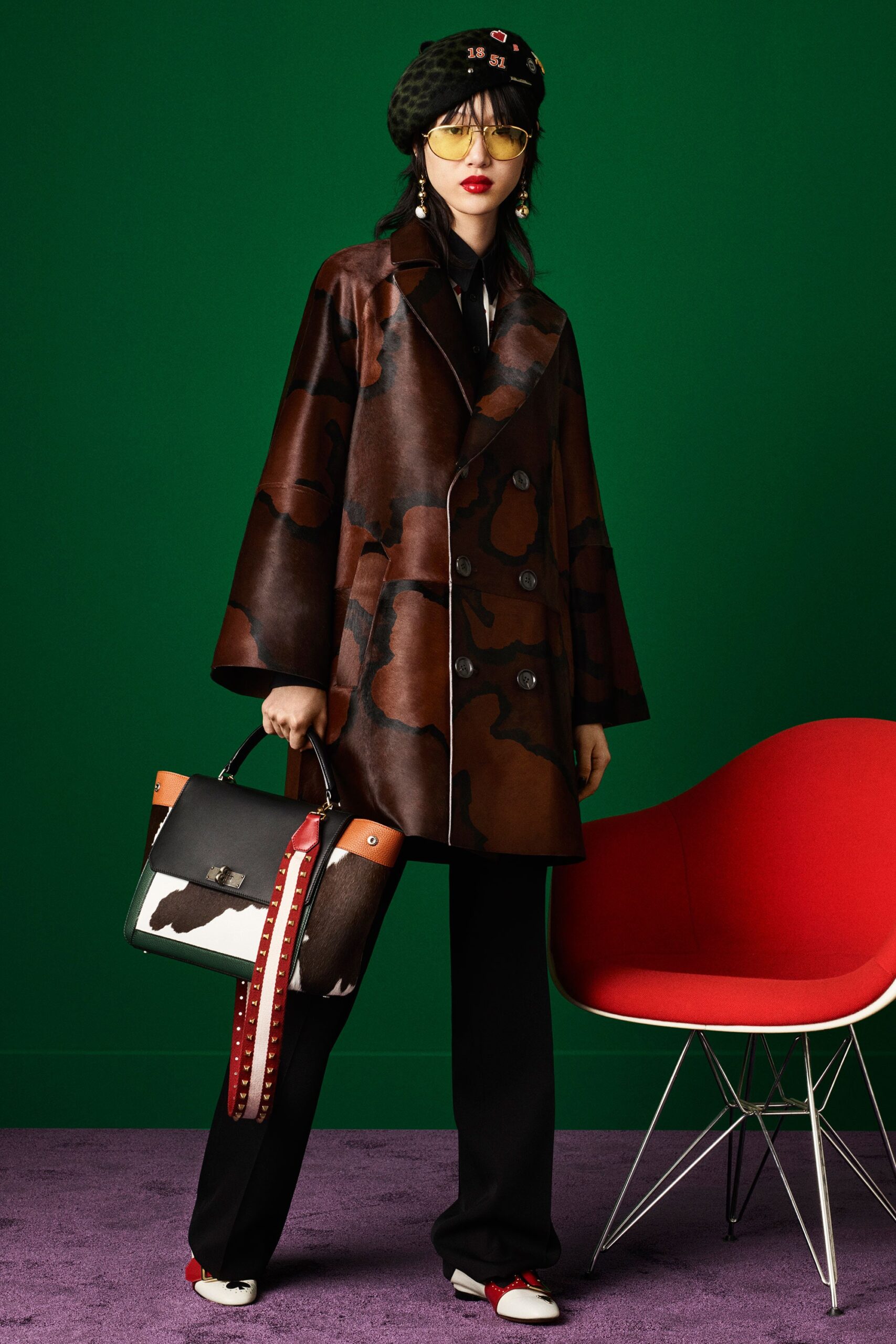 brown leather long-sleeve double-breasted relaxed printed coat