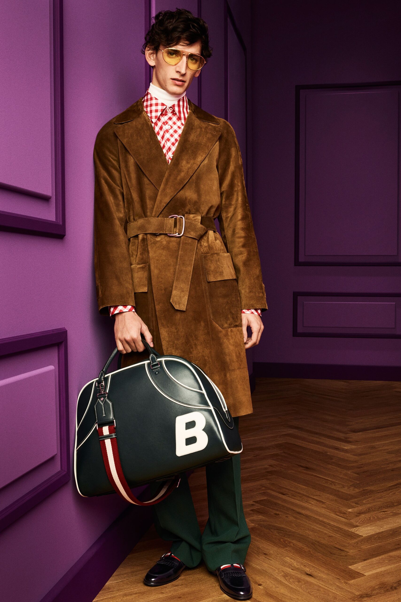 brown suede long-sleeve collared tailored belted buttoned coat