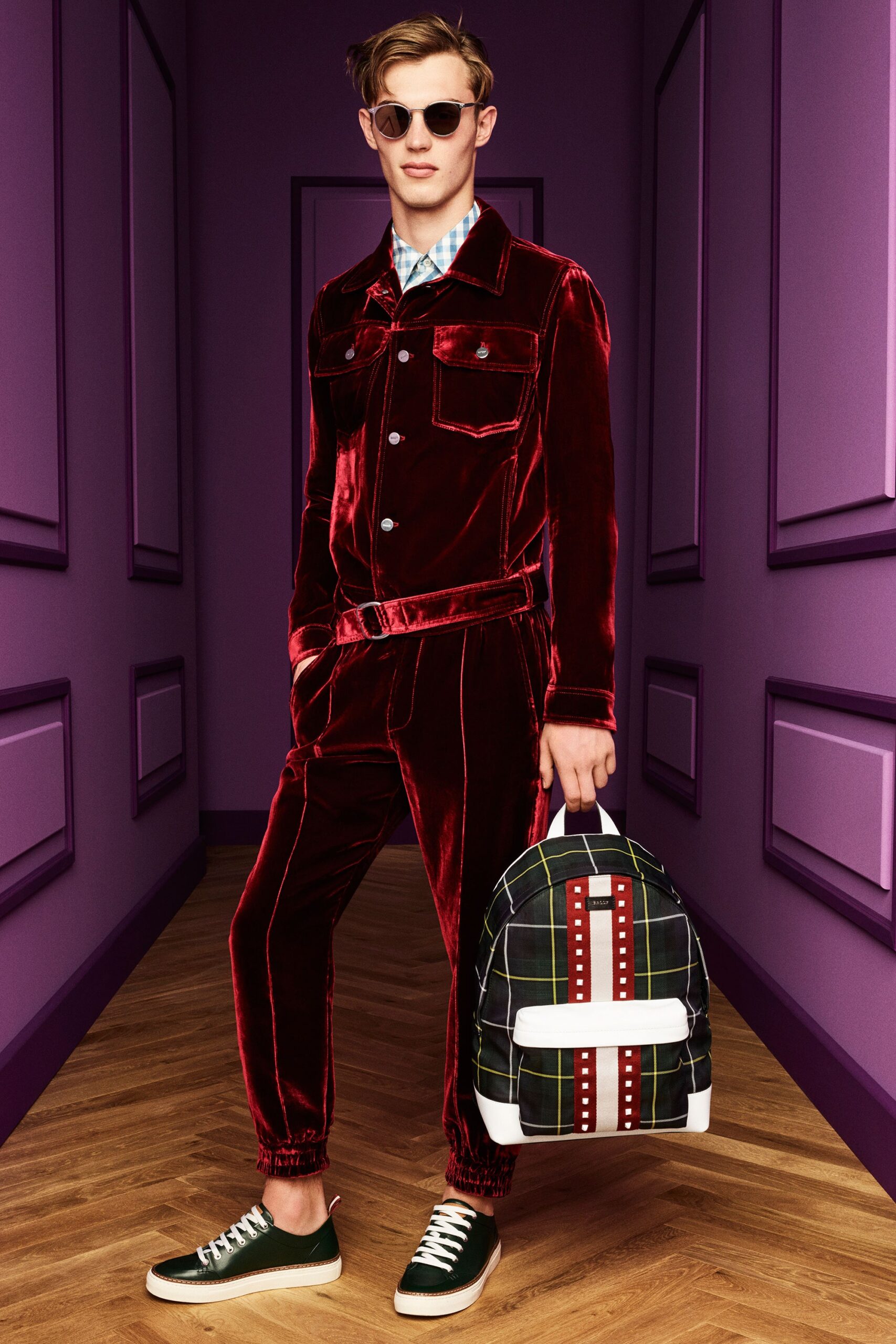 red velvet long-sleeve collared fitted buttoned shiny jacket