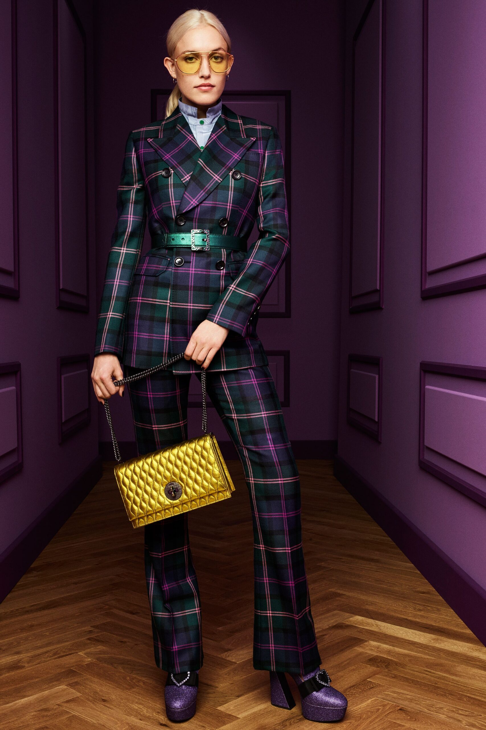 tailored plaid suit with yellow bag