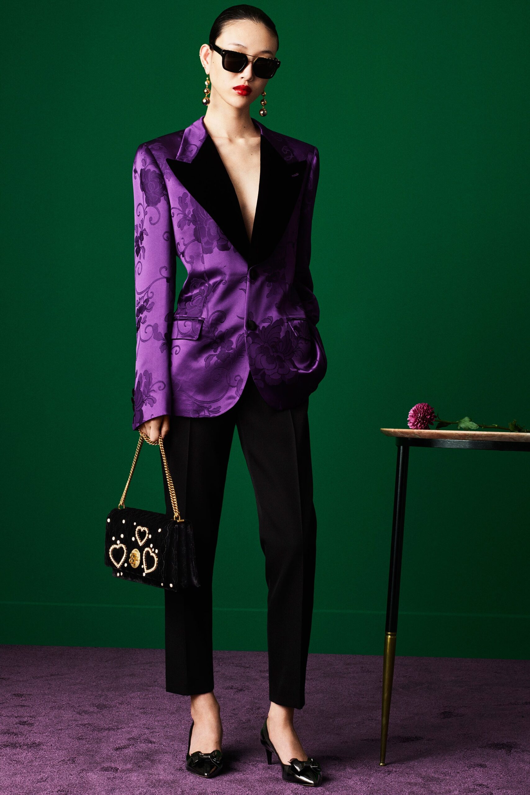 purple embroidered blazer with black pants