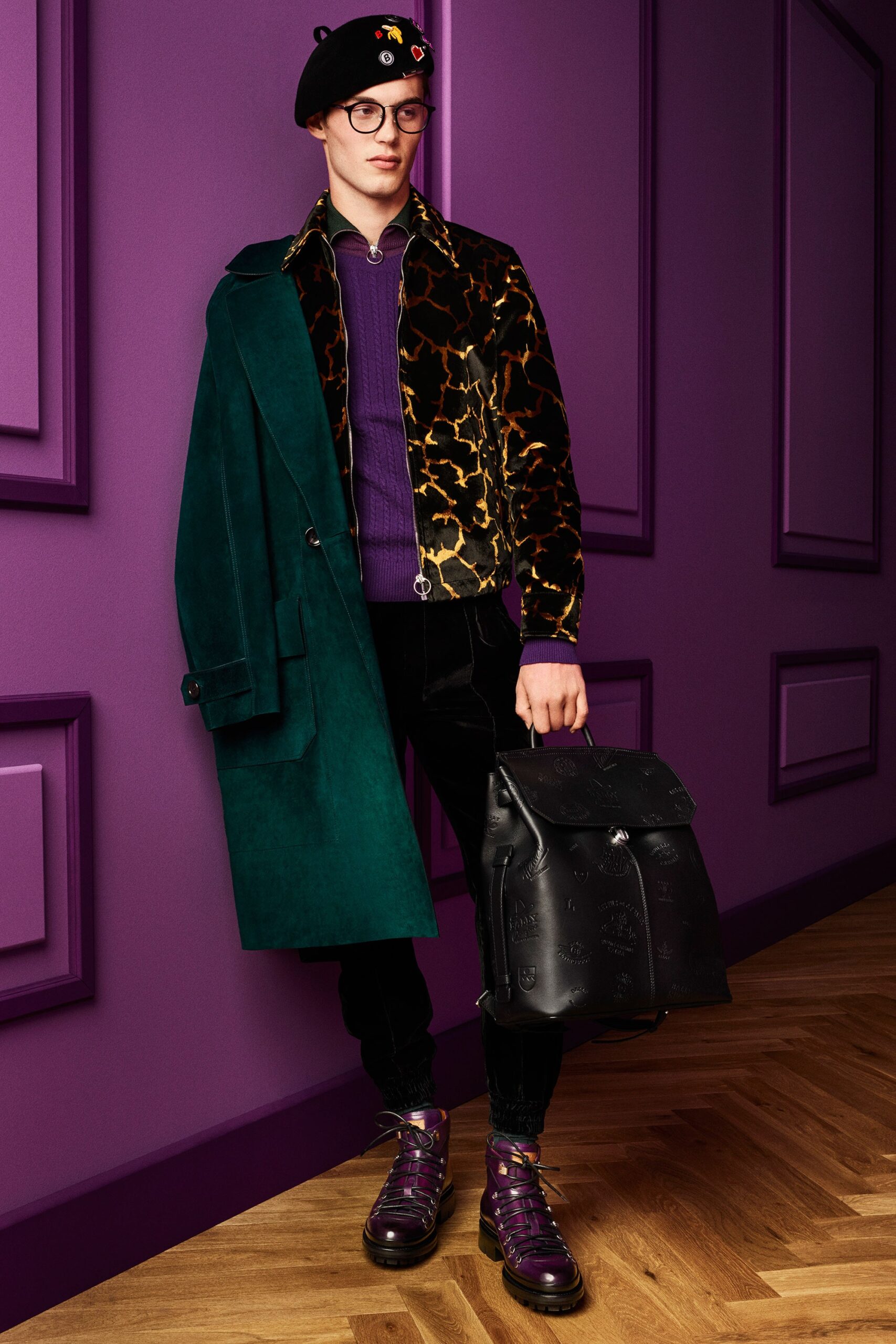 green suede coat with animal-print jacket