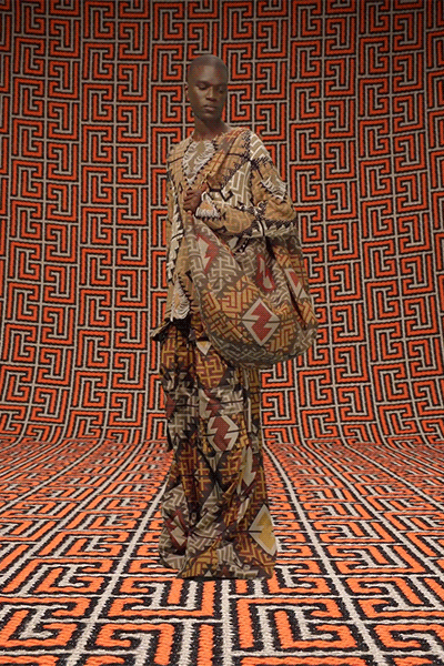 brown cotton long-sleeve relaxed printed maxi dress