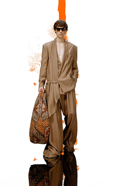 beige silk long-sleeve v-neck relaxed wide-leg suit