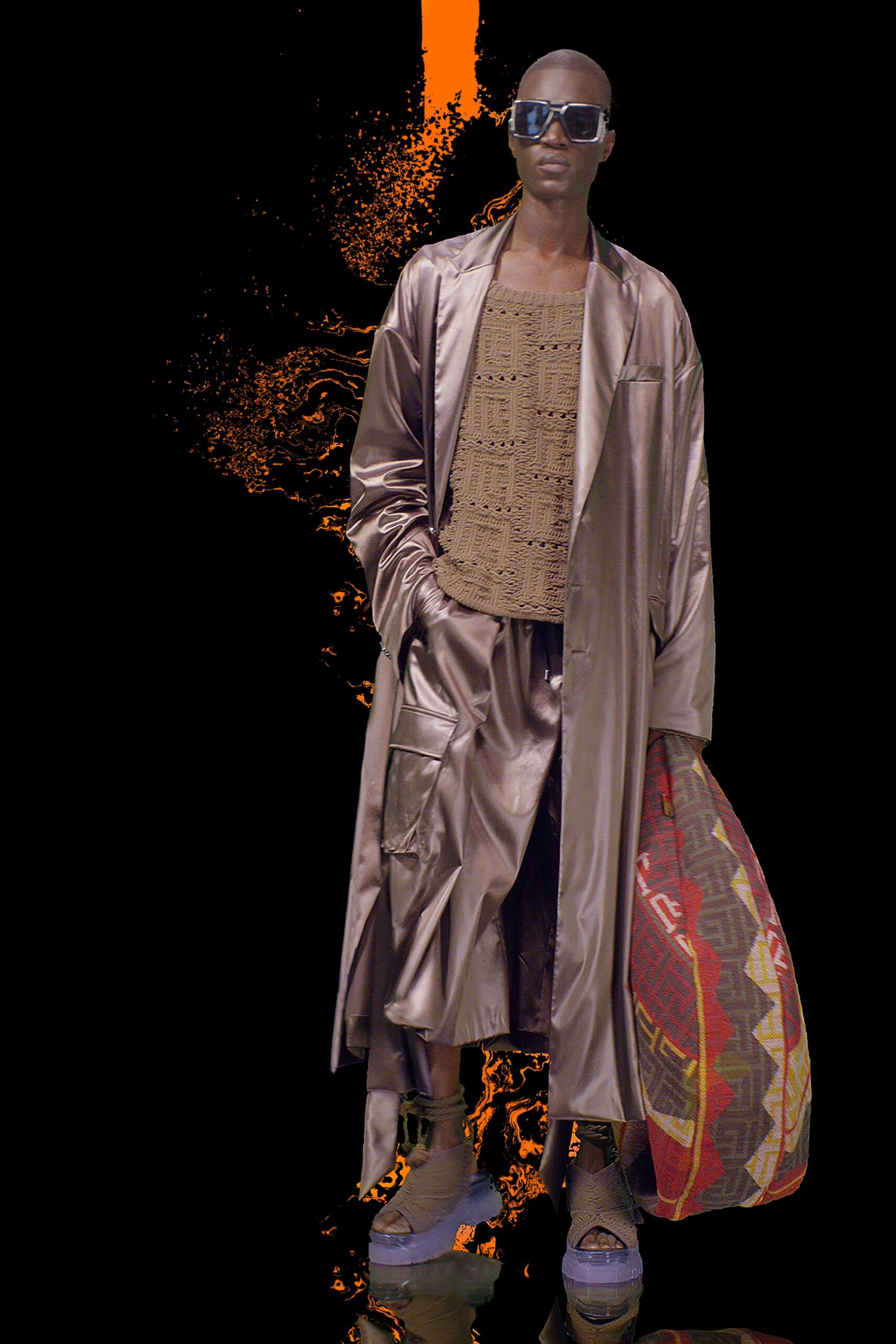 brown silk relaxed straight-leg shiny pants