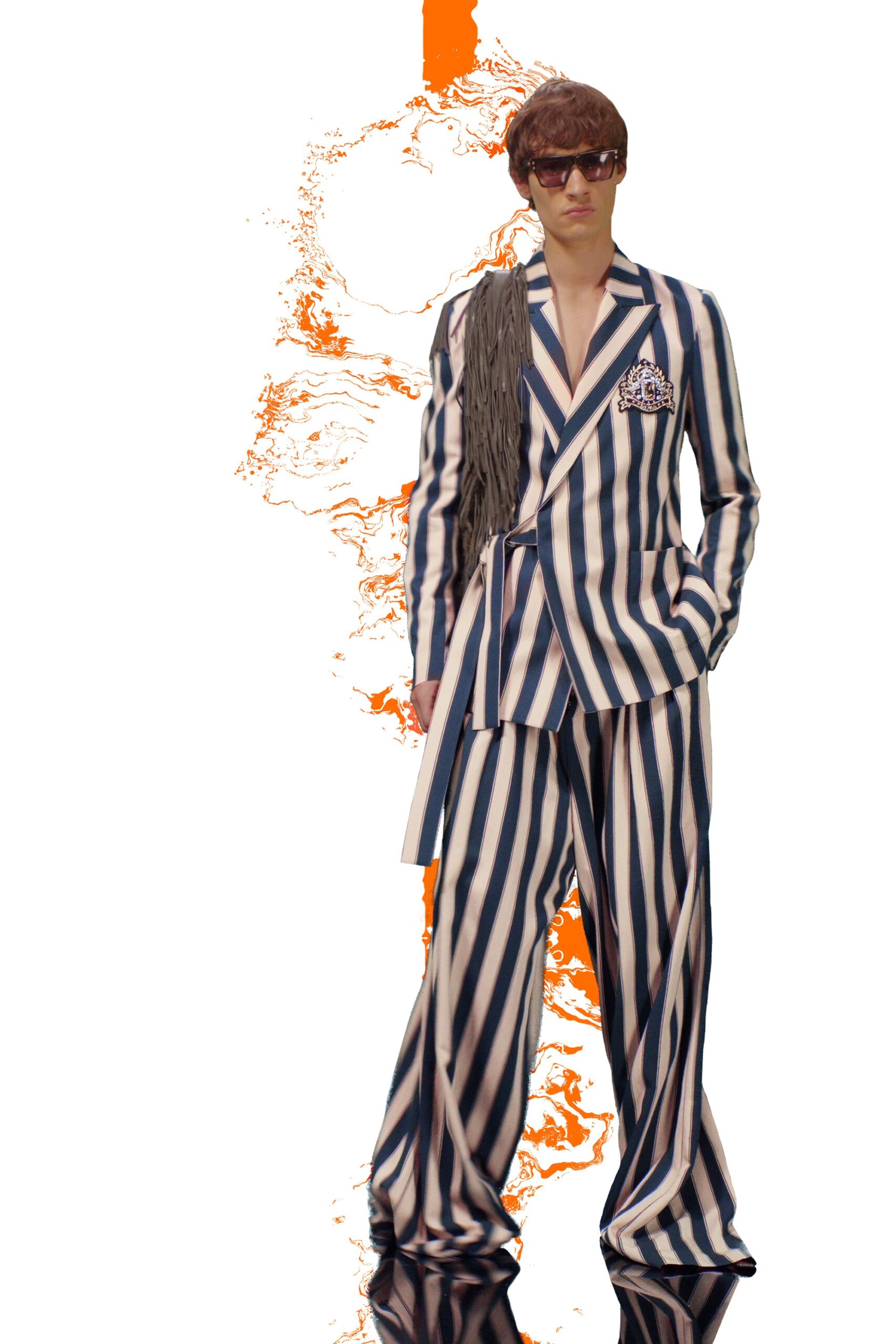 blue and white striped suit