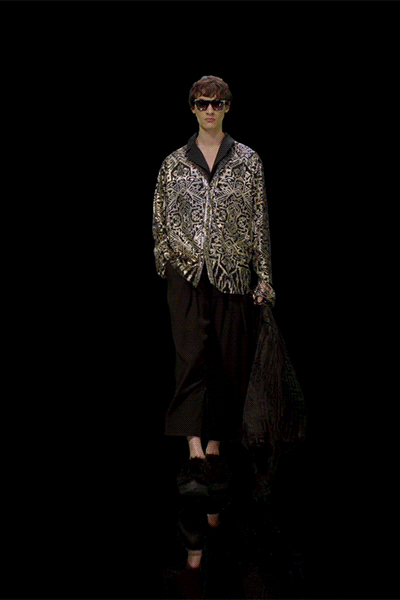 black silk long-sleeve collared relaxed embroidered fringed shirt