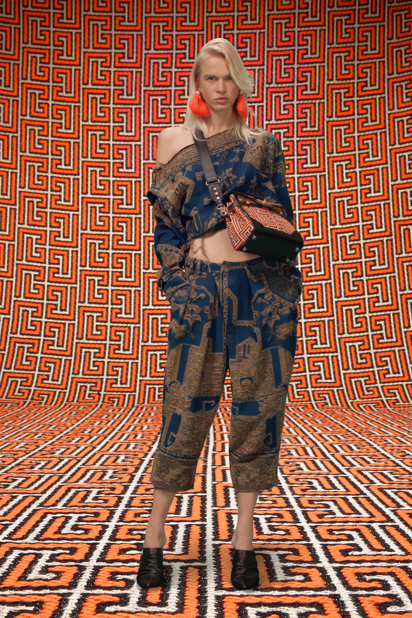 blue printed off-shoulder top with relaxed pants