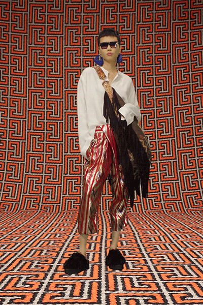red silk fitted striped pants