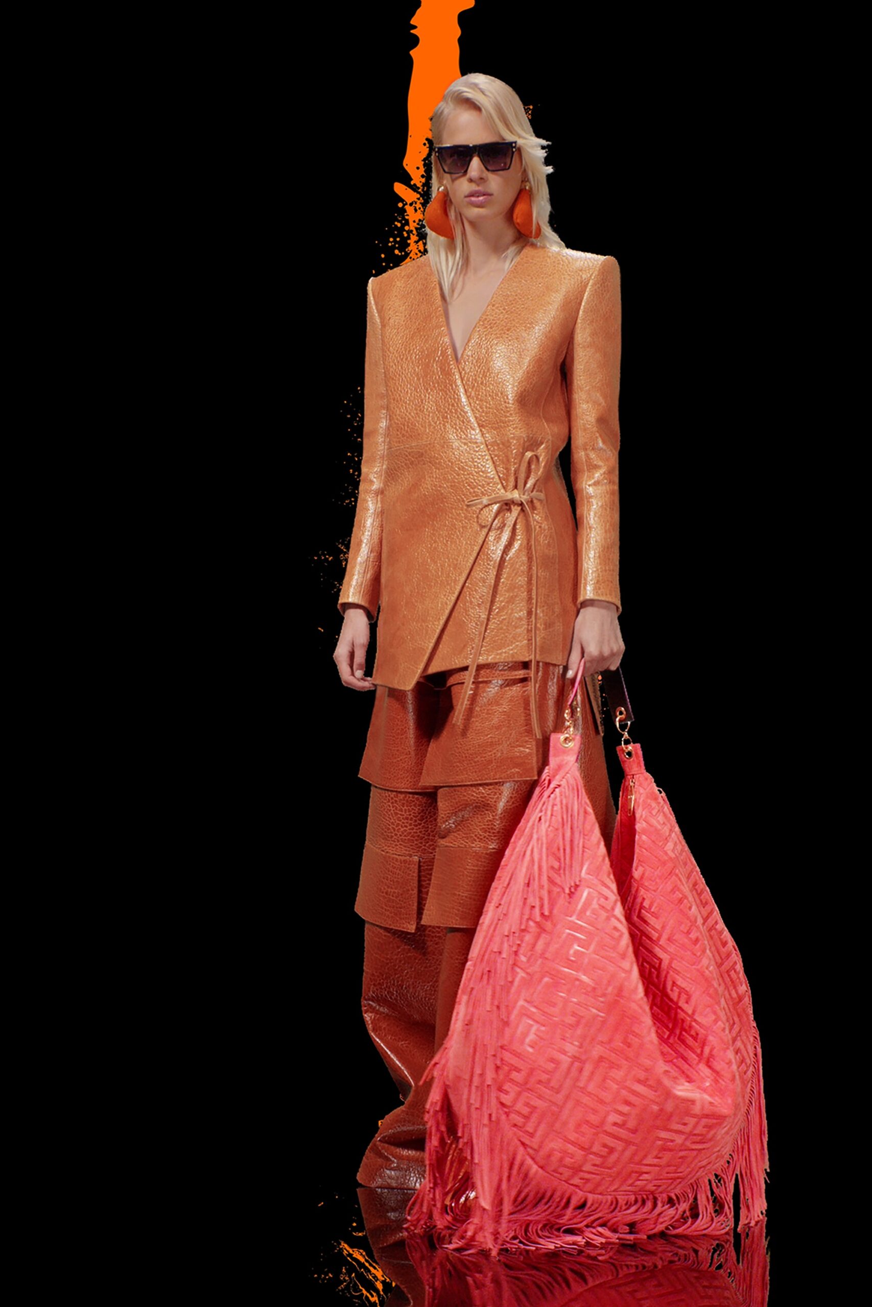 metallic orange blazer and tiered skirt