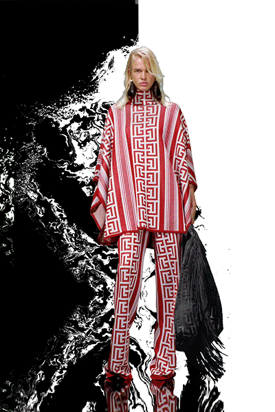 red long-sleeve collared relaxed striped poncho