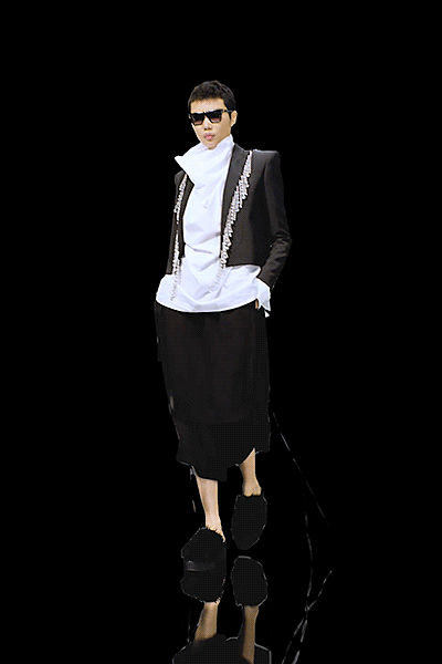 black silk long-sleeve collared structured buttoned jacket