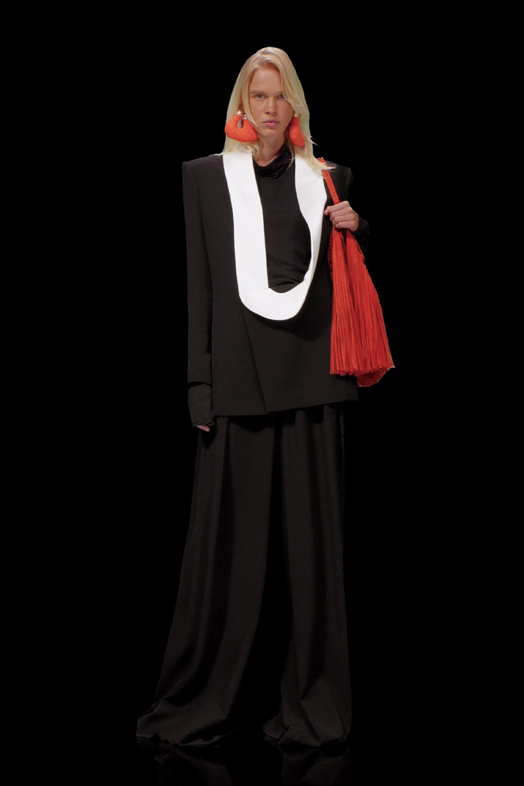 oversized black and white jacket with wide-leg pants