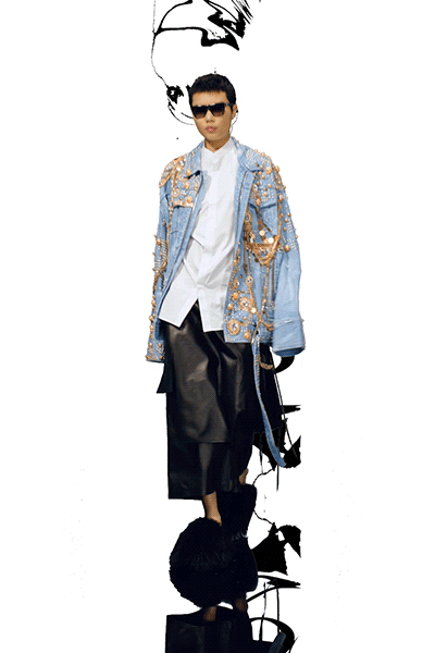 blue denim long-sleeve collared relaxed embroidered jacket