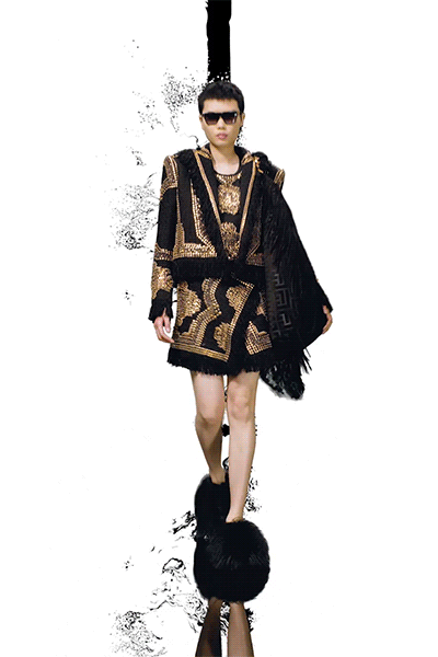 black silk long-sleeve collared fitted embroidered fringed dress