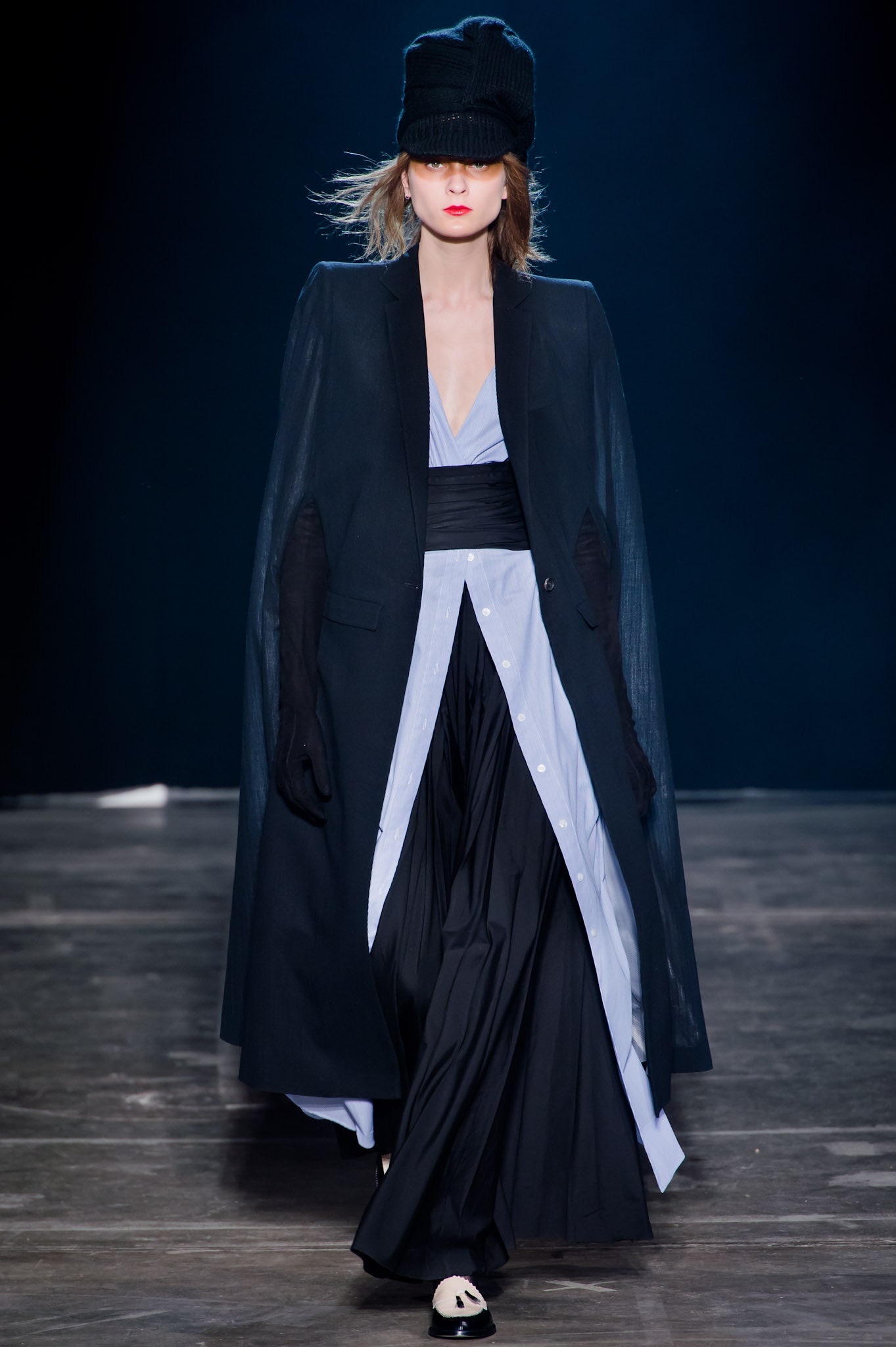 black silk cape and blue dress