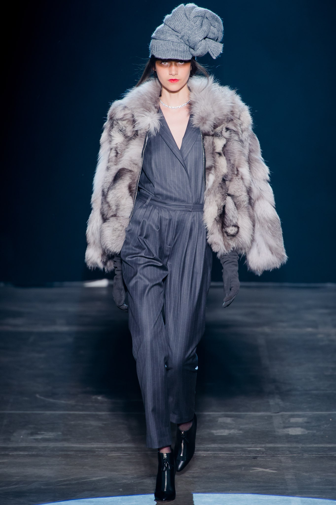 gray wool long-sleeve v-neck fitted striped jumpsuit