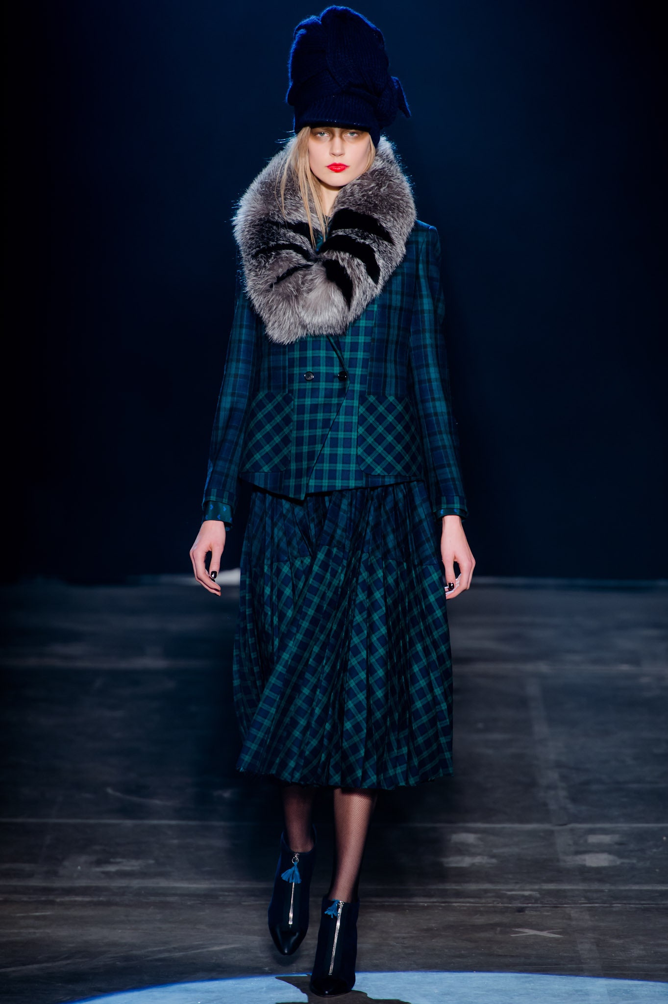 blue green tailored blazer and pleated skirt